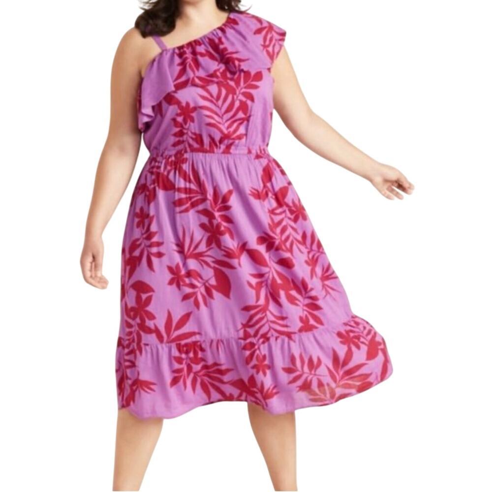 Old Navy Summer One Shoulder Purple Pink Floral Tropical Ruffle Dress Sz XL